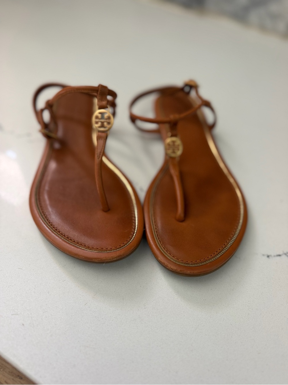 Tory Burch Chestnut Leather T-Strap Sandals with Gold Logo